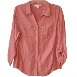 Emily Daniels Womans Linen Blend‎ Coral Buttondown Tab Sleeve Shirt Size Large